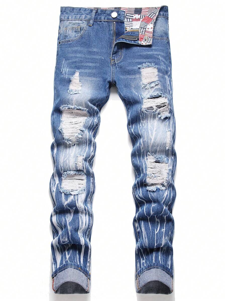 Jeans ajustados para hombre con rasgaduras y arañazos de gato deshilachados - Azul lavado medio - Ver 1