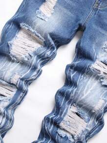 Jeans ajustados para hombre con rasgaduras y arañazos de gato deshilachados - Azul lavado medio - Ver 3