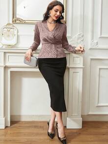 Modelyn 豹紋提花交疊領荷葉邊下擺襯衫 - 棕色 - 查看 5