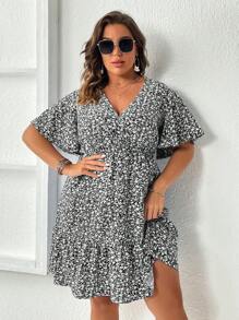 SHEIN Holidaya 大碼碎花蝴蝶袖連衣裙 - 黑色 - 查看 5