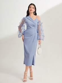 Modelyn 不對稱領網紗拼接燈籠袖褶邊下擺開叉連衣裙 - 淺藍色 - 查看 2