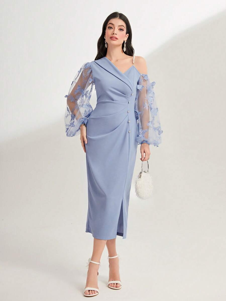 Modelyn 不對稱領網紗拼接燈籠袖褶邊下擺開叉連衣裙