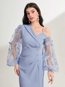 Modelyn 不對稱領網紗拼接燈籠袖褶邊下擺開叉連衣裙 - 淺藍色 - 查看 6