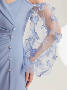 Modelyn 不對稱領網紗拼接燈籠袖褶邊下擺開叉連衣裙 - 淺藍色 - 查看 7