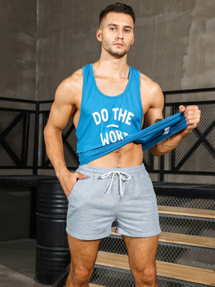 Men Letter Graphic Sports Tank Top With Shorts, Athletic Suit, Tracksuit - Multicolor - View 1