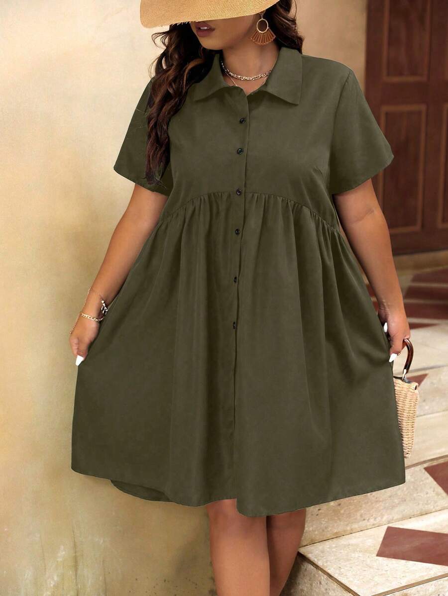 SHEIN LUNE Plus Button Front Smock Dress - Army Green - View 1