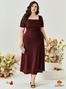 Modelyn Plus Square Neck Puff Sleeve Ruched Glitter Dress - Maroon - View 1