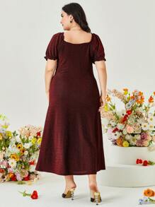 Modelyn Plus Square Neck Puff Sleeve Ruched Glitter Dress - Maroon - View 2