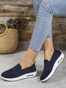 Women Minimalist Slip On Rocking Shoes, Sporty Sneakers - Navy Blue - View 4