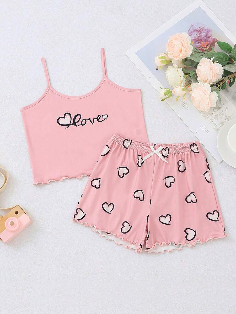 Bộ đồ mặc nhà cho bé gái tuổi teen, áo hai dây và quần short họa tiết trái tim. - Hồng - Xem 1
