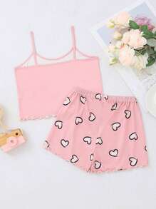 Bộ đồ mặc nhà cho bé gái tuổi teen, áo hai dây và quần short họa tiết trái tim. - Hồng - Xem 2