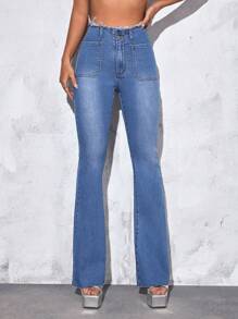 毛邊牛仔喇叭褲 - 淺色水洗藍 - 查看 3