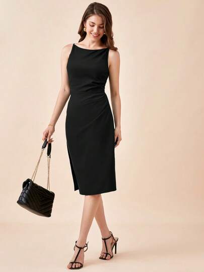 BizChic Solid Ruched Side Split Thigh Dress Workwear