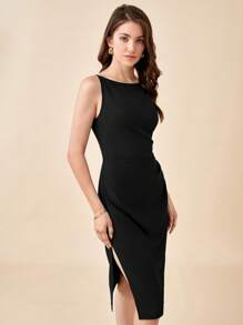 BizChic Solid Ruched Side Split Thigh Dress Workwear - Black - View 5