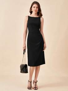 BizChic Solid Ruched Side Split Thigh Dress Workwear - Black - View 7