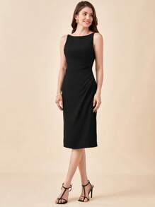 BizChic Solid Ruched Side Split Thigh Dress Workwear - Black - View 8