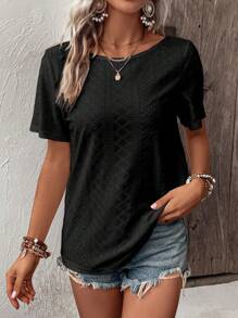 SHEIN LUNE 蕾絲拼接大圓領網眼刺繡T恤 - 黑色 - 查看 5
