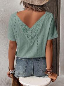 SHEIN LUNE Contrast Lace Eyelet Embroidery Tee - Cadet Blue - View 1