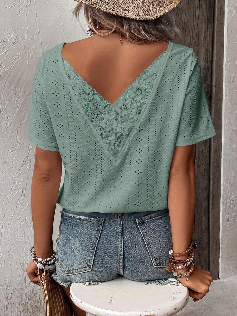 SHEIN LUNE Contrast Lace Eyelet Embroidery Tee - Cadet Blue - View 1