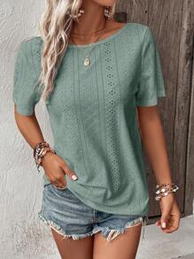 SHEIN LUNE Contrast Lace Eyelet Embroidery Tee - Cadet Blue - View 2