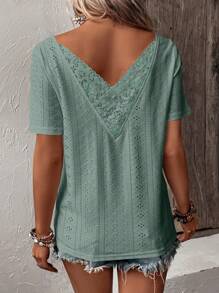 SHEIN LUNE Contrast Lace Eyelet Embroidery Tee - Cadet Blue - View 3