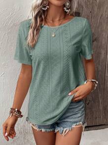 SHEIN LUNE Contrast Lace Eyelet Embroidery Tee - Cadet Blue - View 4