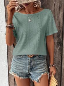 SHEIN LUNE Contrast Lace Eyelet Embroidery Tee - Cadet Blue - View 5