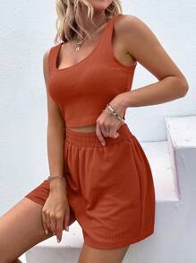 SHEIN Unity Solid Tank Top & Shorts - Burnt Orange - View 3