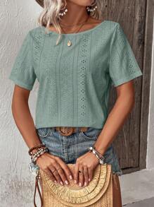 SHEIN LUNE Contrast Lace Eyelet Embroidery Tee - Cadet Blue - View 6
