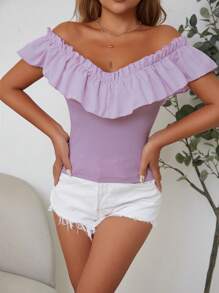 SHEIN Privé Áo thun nữ viền lá sen Xù màu trơn Giải trí - Màu Lilac Tím - Xem 3