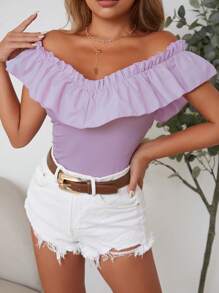 SHEIN Privé Áo thun nữ viền lá sen Xù màu trơn Giải trí - Màu Lilac Tím - Xem 6