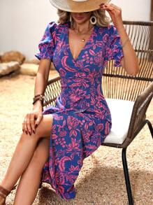 Breezaya 滿版印花泡泡袖圍裹連衣裙 - 彩色 - 查看 6