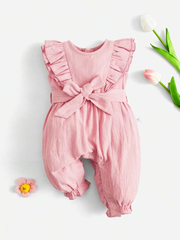 SHEIN חגור קפל רוכסן פשוט אוברולים לתינוקות - ורוד בייבי - ראה 1