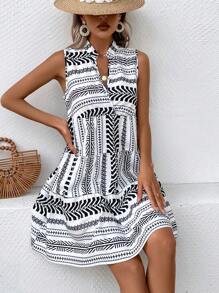 Breezaya 幾何印花缺口領荷葉邊娃娃裙 - 黑與白 - 查看 4