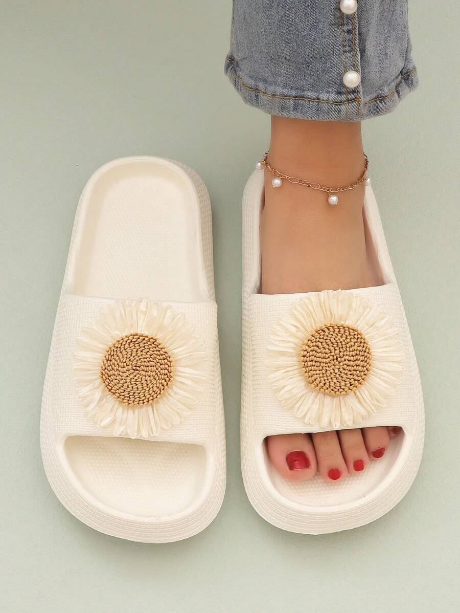 Women Flower Decor Single Band Slides, EVA Fashion Slides - Beige - View 1