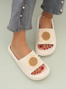 Women Flower Decor Single Band Slides, EVA Fashion Slides - Beige - View 2