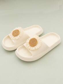 Women Flower Decor Single Band Slides, EVA Fashion Slides - Beige - View 3