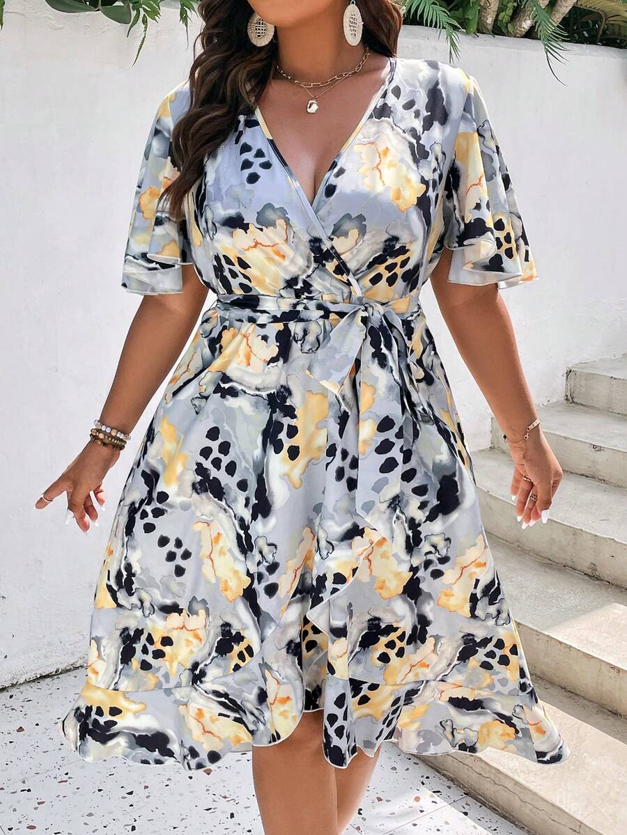 SHEIN Holidaya Đầm Plus Size Thắt lưng Viên lá sen Trọn gói Cà vạt nhuộm Giải trí - Nhiều màu - Xem 1