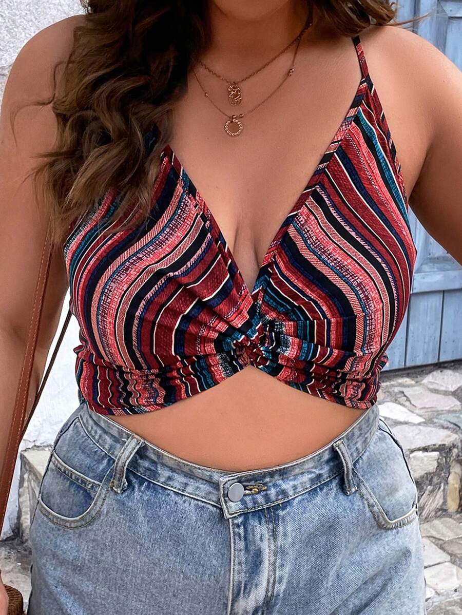 SHEIN VCAY Áo hai dây Plus Size Lộ Lưng xoắn lại Sọc Giải trí - Nhiều màu - Xem 1