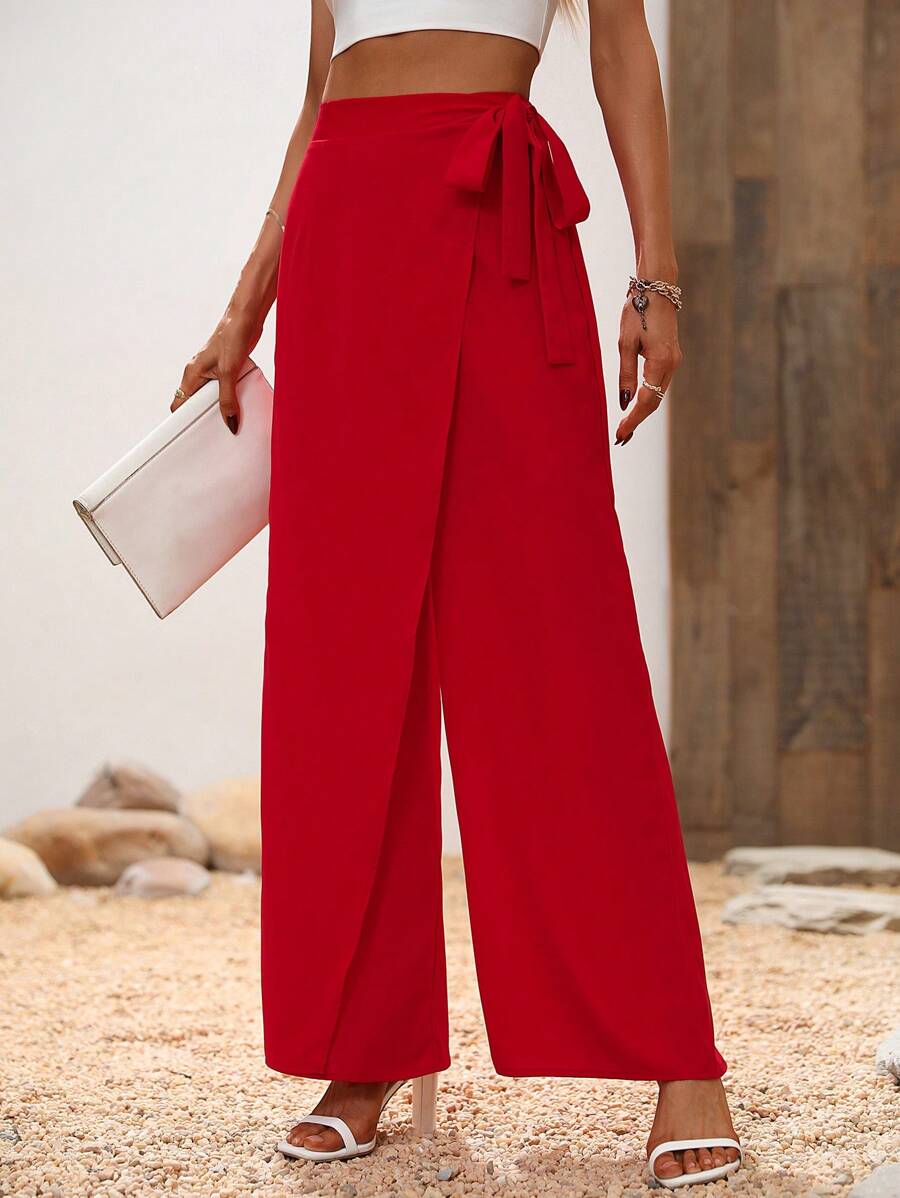 SHEIN Privé Pantalones unicolor con cordón lateral cruzado - Rojo - Ver 1