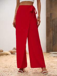 SHEIN Privé Pantalones unicolor con cordón lateral cruzado - Rojo - Ver 3