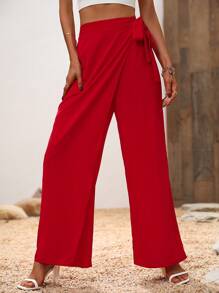 SHEIN Privé Pantalones unicolor con cordón lateral cruzado - Rojo - Ver 6