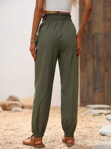Calvaya Paperbag Waist Knot Front Trousers - Army Green - View 2