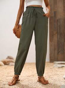 Calvaya Paperbag Waist Knot Front Trousers - Army Green - View 3