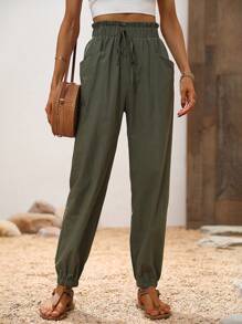 Calvaya Paperbag Waist Knot Front Trousers - Army Green - View 6