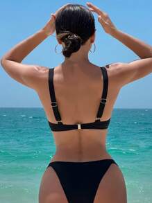 素色帶鋼圈比基尼泳裝 - 黑色 - 查看 2