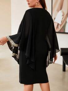 Modelyn 大碼亮片拼接斗篷袖連衣裙 - 黑色 - 查看 2