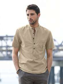 Men Solid Half Button Shirt - Khaki - View 1