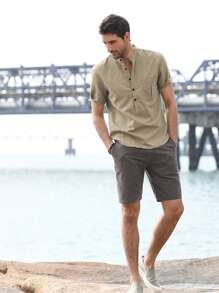 Men Solid Half Button Shirt - Khaki - View 3