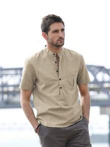Men Solid Half Button Shirt - Khaki - View 5